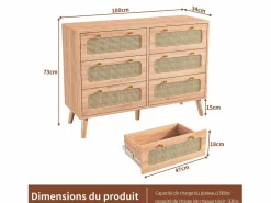 Cómoda de 6 cajones - Cómoda de ratán para dormitorio - Cómoda de madera con tiradores dorados - 100x34x73cm Color natural oscuro Hot