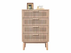 Cómoda de 4 cajones - Tiradores y patas de madera - Diseño de líneas - Cómoda moderna de 4 cajones en madera y ratán^ Clearance