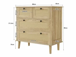 Cómoda de 4 cajones con cajones de ratán y patas de madera maciza, para dormitorio, salón, 80x80x40cm Color natural claro Sale