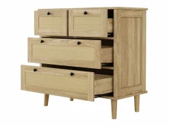 Cómoda de 4 cajones con cajones de ratán y patas de madera maciza, para dormitorio, salón, 80x80x40cm Color natural claro Sale