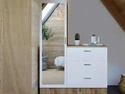 Vente-unique Cómoda|Armario|Cómoda de 3 cajones con mueble y espejo en blanco y natural - VITORIO