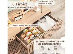 Cómoda de 6 cajones con tiradores de madera y patas de apoyo, para recibidor o salón, color madera^ New