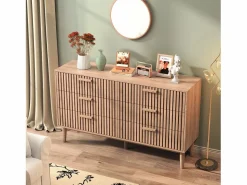 Cómoda de dormitorio de madera y ratán con 6 cajones, mueble de almacenaje multifuncional, armario de madera natural con cajones. Marru00f3n Sale