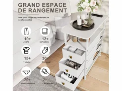 Mesa Auxiliar|Cómoda estrecha de 3 cajones, mesita de noche con función de carga y tira de luz, mesa auxiliar con cajones, 30 x 60 x 62 cm,
