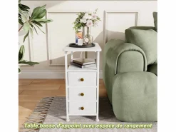 Mesa Auxiliar|Cómoda estrecha de 3 cajones, mesita de noche con función de carga y tira de luz, mesa auxiliar con cajones, 30 x 60 x 62 cm,