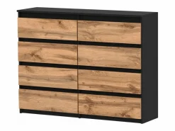 Cómoda|Cómoda moderna de 120 cm en negro mate y roble Wotan – 8 cajones, gran mueble de almacenamiento para el salón
