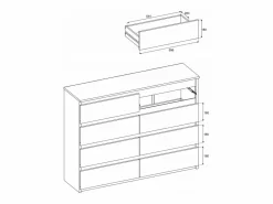 Cómoda|Cómoda moderna de 120 cm en negro mate y roble Wotan – 8 cajones, gran mueble de almacenamiento para el salón