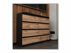 Cómoda|Cómoda moderna de 120 cm en negro mate y roble Wotan – 8 cajones, gran mueble de almacenamiento para el salón