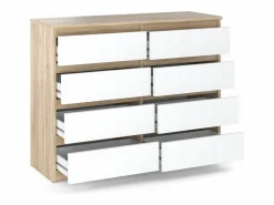 Cómoda moderna de 120 cm en roble Sonoma blanco con 8 cajones – Gran mueble de almacenamiento para el salón^ New