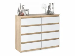 Cómoda moderna de 120 cm en roble Sonoma blanco con 8 cajones – Gran mueble de almacenamiento para el salón^ New