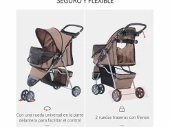 PawHut Transportín De Paseo Para Animales|Cochecito para perro y gato café 75x45x97 cm