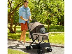 Cochecito para perros y gatos pequeños, diseño plegable con techo ajustable, poliéster marrón (76,5 x 52 x 95 cm)^