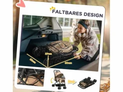 Cochecito para perros y gatos pequeños, diseño plegable con techo ajustable, poliéster marrón (76,5 x 52 x 95 cm)^