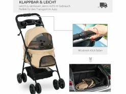 Transportín De Paseo Para Animales|Cochecito plegable para perros pequeños y gatos, tela Oxford, color , con almacenamiento y ruedas giratorias (67 x 45 x 96 cm)