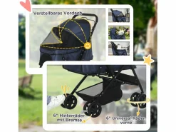 Cochecito plegable para perros y gatos, poliéster resistente, , con ruedas giratorias y funda ajustable (76,5 x 52 x 95 cm) Azul Online