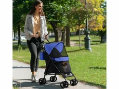 Transportín De Paseo Para Animales|Cochecito plegable para perros y gatos hasta 4 kg, poliéster, oscuro, con ventanas de malla y almacenaje (76x44x103 cm)