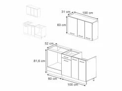 Vicco Cocina Completa|Cocina para solteros blanco brillo intenso/roble dorado 160x46x81.6 r-line