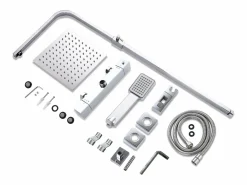 Columna de Ducha Termostática Cromado, Alcachofa Cuadrada y Ducha Superior Grande 20 cm con Barra Redonda Regulable^Aica Discount