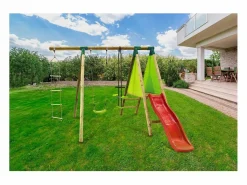 Habitat et jardin Columpio de madera "Balanga" - Con 1 Tobogán - 1 Columpio - 1 Cara a cara - 1 Capazo. Hot