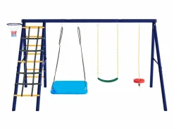 Hauss Spole Columpio exterior de acero - 3 columpios + estructura de escalada + cesta Azul New