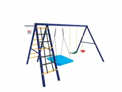 Hauss Spole Columpio exterior de acero - 3 columpios + estructura de escalada + cesta Azul New