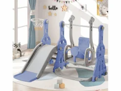 Tobogán|Columpio infantil 4 en 1 con tobogán, escalera, columpio y aro de baloncesto - Interior/Exterior - Azul