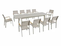 MYLIA Comedores De Jardín|Comedor de jardín de aluminio: mesa extensible L.205/286.5 cm y 10 sillones apilables - Taupe - MACILA de