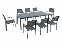 MYLIA Comedores De Jardín|Comedor de jardín de aluminio: una mesa extensible L.205/286.5 cm y 8 sillones apilables - Antracita - MACILA de