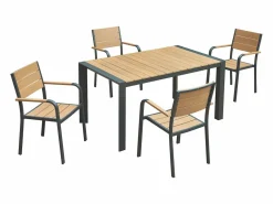 MYLIA Comedores De Jardín|Comedor de jardín de aluminio: una mesa L.150 cm y 4 sillones apilables - Natural claro y antracita - NYROS de