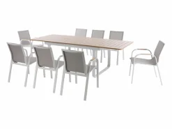 MYLIA Comedores De Jardín|Comedor de jardín de aluminio: mesa extensible de aluminio L.155/246 cm y 8 sillones - Natural claro y blanco - SERUNO de