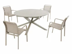 MYLIA Comedor de jardín de aluminio: una mesa redonda extensible L.150/200 cm y 4 sillones apilables - - VELYRA de Topo Hot
