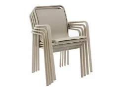 MYLIA Comedor de jardín de aluminio: una mesa redonda extensible L.150/200 cm y 4 sillones apilables - - VELYRA de Topo Hot