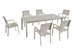 MYLIA Comedores De Jardín|Comedor de jardín de aluminio: una mesa extensible L.205/286.5 cm y 6 sillones apilables - - MACILA de