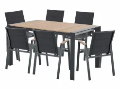 MYLIA Comedores De Jardín|Comedor de jardín de aluminio: una mesa L.150 cm y 6 sillones apilables - Natural claro y antracita - LIOUS de
