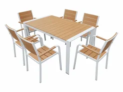 MYLIA Comedor de jardín de aluminio: una mesa L.150 cm y 6 sillones apilables - Natural claro y blanco - NYROS de Color natural claro / Blanco Best
