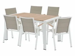 Comedor de jardín de aluminio: una mesa L.150 cm y 6 sillones apilables - Natural claro y blanco - LIOUS de^MYLIA New