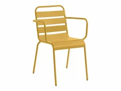MYLIA Comedor de jardín de metal - Mesa redonda D.130cm y 6 sillones apilables - Amarillo - MIRMANDE de Mostaza Online