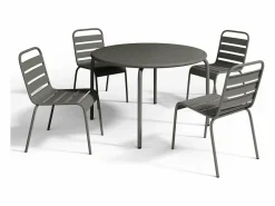 MYLIA Comedor de jardín de metal - Mesa D.110 cm y 4 sillas apilables Gris antracita Discount