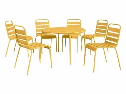 MYLIA Comedores De Jardín|Comedor de jardín de metal - Mesa redonda D.130cm y 6 sillas apilables - Amarillo - MIRMANDE de