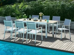 MYLIA Comedor de jardín extensible aluminio poliwood L.170 / 230 cm y 8 sillas Gris MACILA Blanco Hot