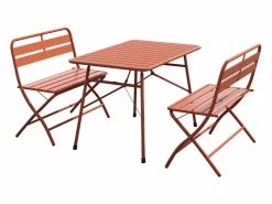 MYLIA Comedor de jardín plegable de metal: Una mesa L.110 cm + 2 bancos - Terracotta - MIRMANDE de Terracota Online