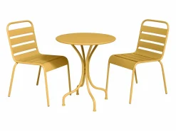 MYLIA Comedores De Jardín|Comedor jardín metal - una mesa D.60cm y 2 sillas apilables - Amarillo - MIRMANDE