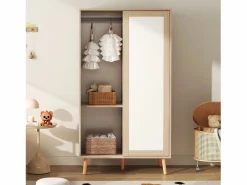 ModernLuxe Conjunto armario infantil - armario con puertas correderas + armario abierto - patas de madera maciza - blanco + natural Color natural claro Hot