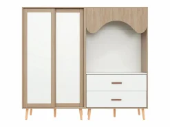 ModernLuxe Conjunto armario infantil - armario con puertas correderas + armario abierto - patas de madera maciza - blanco + natural Color natural claro Hot