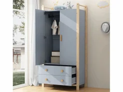 ModernLuxe Conjunto armario infantil - armario infantil + estante de almacenamiento - 4 cajones y 2 puertas - estructura de pino - + natural Azul Hot