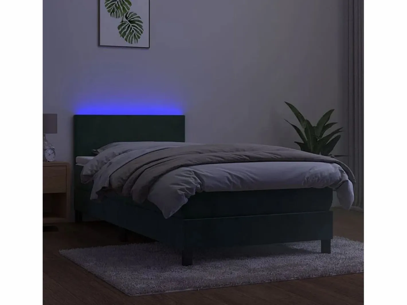 Cama Continental Boxspring|Conjunto Boxspring - 90x200 cm + Somieres + colchón + LED terciopelo oscuro ES42327