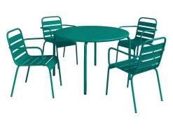 MYLIA Conjunto comedor jardín metal una mesa D.110cm y 4 sillas apilables Azul pato Azul verdoso New
