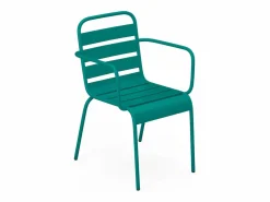 MYLIA Conjunto comedor jardín metal una mesa D.110cm y 4 sillas apilables Azul pato Azul verdoso New