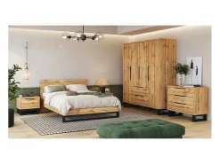 Conjunto completo de dormitorio industrial MILOS: Armario de 4 puertas, cama 180x200, cómoda, mesitas de noche, roble crudo/negro^Meublorama Hot