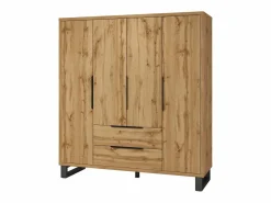 Conjunto completo de dormitorio industrial MILOS: Armario de 4 puertas, cama 180x200, cómoda, mesitas de noche, roble crudo/negro^Meublorama Hot